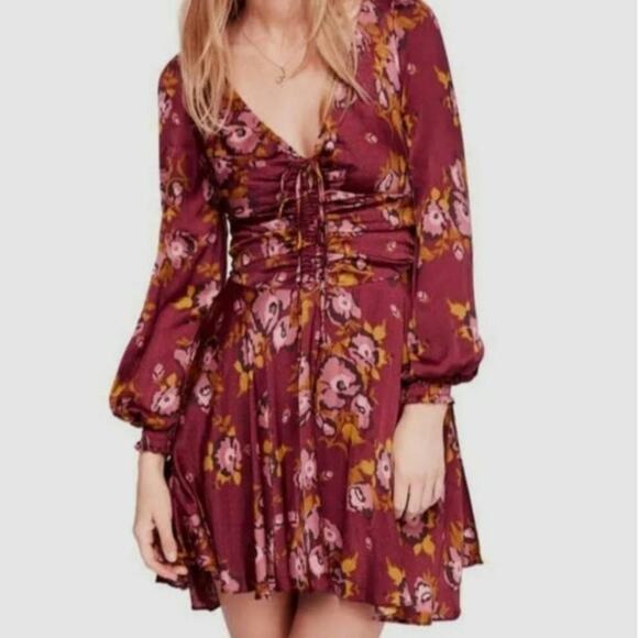 Free People Morning Light Floral Long Sleeve Size 2 Burgundy Dress - Picture 1 of 4